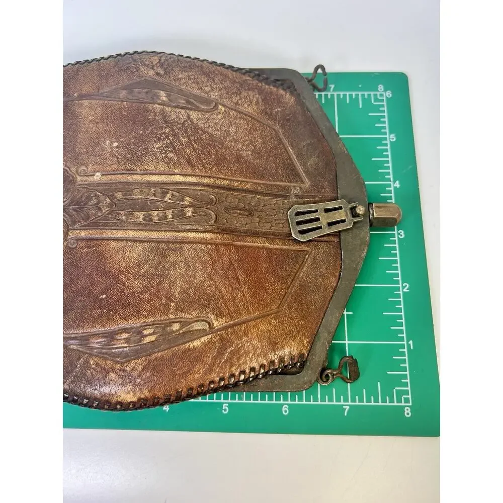 VTG Hand Tooled Leather Purse Turn Lock Clasp Early 1900s Art Nouveau Antique